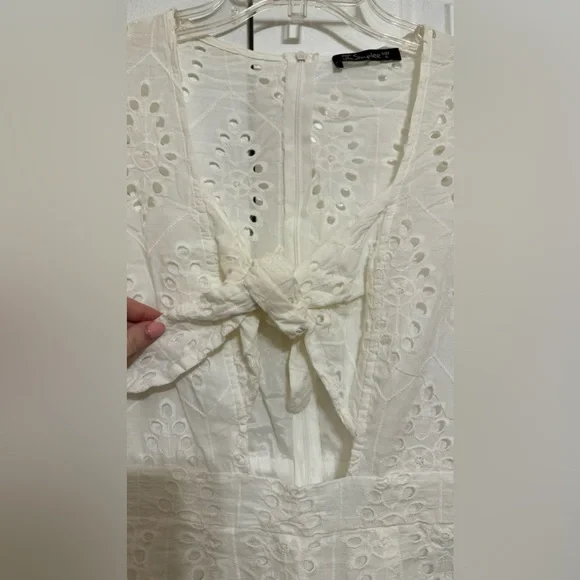 Women's Sexy Long Sleeve Lace Ruffle Mini Dress Hollow Out Summer Dress White - Picture 7 of 8